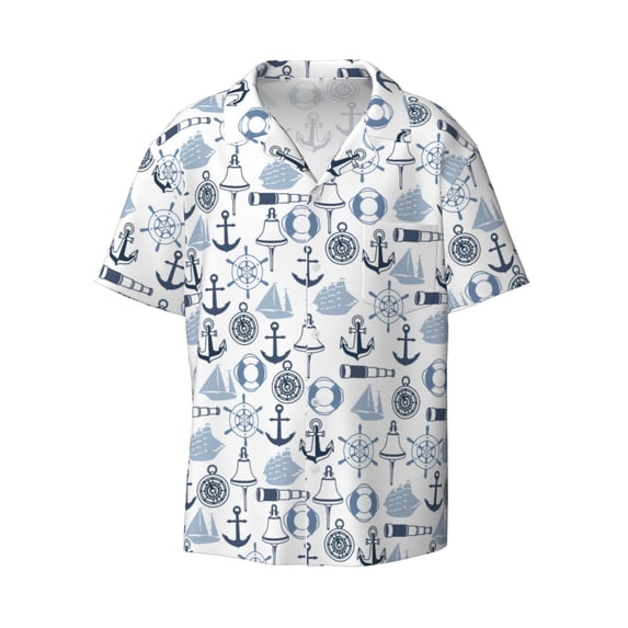Vsdgher Dock Rudder Print Men's Wrinkle Free Untucked Cuban Shirt Business Casual Button Down Shirts Short Sleeve Shirt