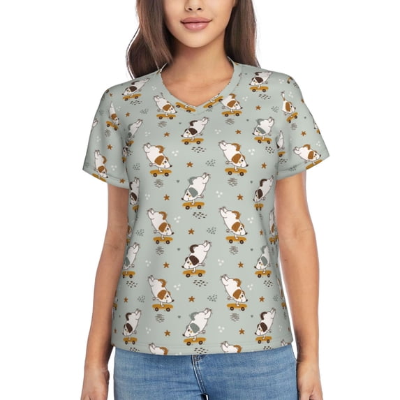 Vsdgher Dog Riding Skateboard Women Shirts V Neck Short Sleeve Tops T-Shirt Basic Tees, S to 3XLMedium