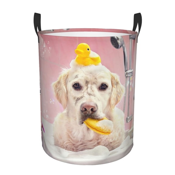 Vsdgher Dog Sitting In Bathtub With Duck On Head Waterproof Round Large Laundry Basket -Toy Storage Basket, Perfect as Hamper, Kids Room Storage, and Toy Containment-