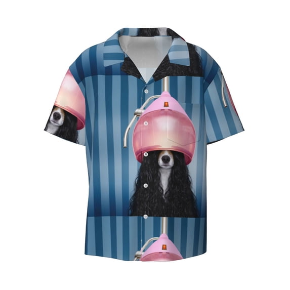Vsdgher Dog in Hairdresser Print Men's Wrinkle Free Untucked Cuban Shirt Business Casual Button Down Shirts Short Sleeve Shirt