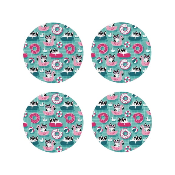 Vsdgher Dogs With Swimming Leather Coasters for Drinks, Durable Drink Coasters 4 Set for Tabletop Protection, Luxurious Home Décor and Housewarming Gift ( {designName})Round Shape
