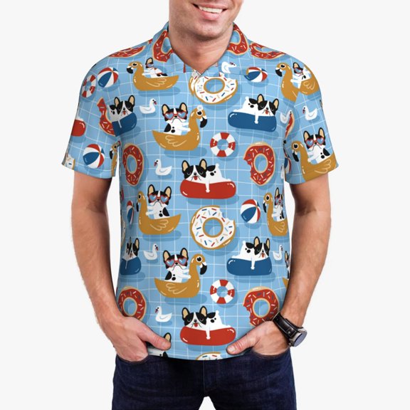 Vsdgher Dogs With Pool Floats Polo Shirts for Men, Men's Short Sleeve Stretch Polo Shirt, Shirts for Men-Small