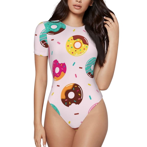 Vsdgher Donut Prinr Short Sleeve Body suit for Womens, Sexy Onesie One Piece Round Neck Bodysuit Shapewear Tummy Control-Medium