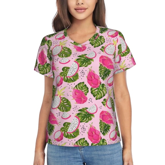 Vsdgher Dragon Fruits Women Shirts V Neck Short Sleeve Tops T-Shirt Basic Tees, S to 3XLMedium