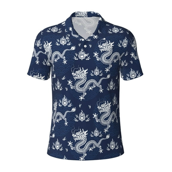 Vsdgher Dragon Print Men's Short Sleeve Stretch Polo Shirt, Moisture-Wicking Performance Polo Shirt