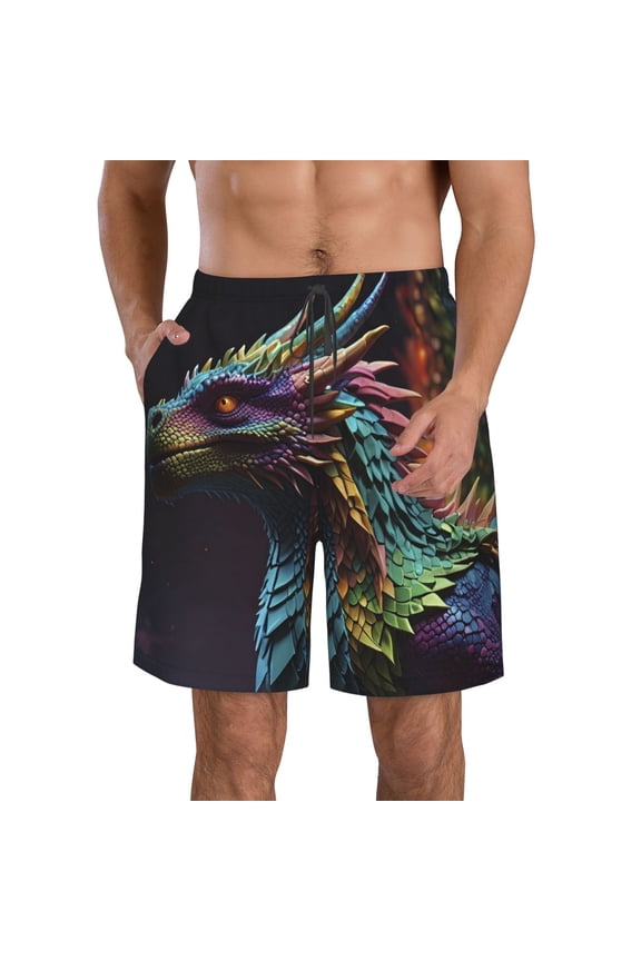 Dragon with Colorful Tail Men's Beach Shorts, Surfing shorts, Swim trunks, Quick Dry Swim Trunks for Surfing Beach Fun -Large