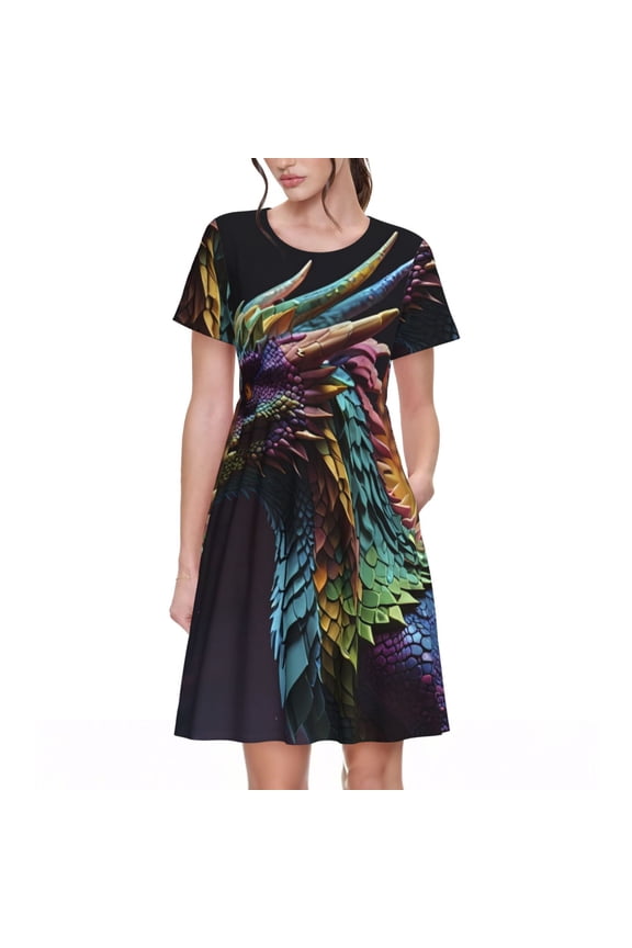 Dragon with Colorful Tail for Womens Summer 2025 Casual Midi Maxi Dresses Lightweight Short Sleeve Round Neck Beach Dress -X-Large