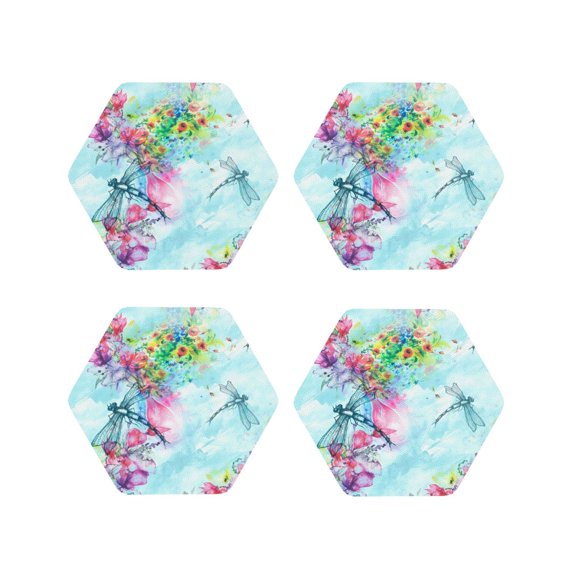 Vsdgher Dragonfly Floral Leather Coasters for Drinks, Durable Drink Coasters 4 Set for Tabletop Protection, Luxurious Home Décor and Housewarming Gift ( {designName})Hexagon