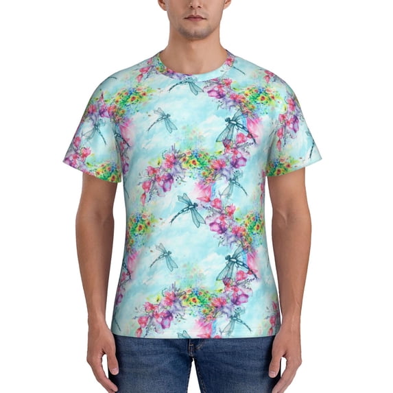 Vsdgher Dragonfly Floral Print Men's Dry Fit Mesh Athletic Shirts Moisture Wicking Tennis T-Shirt Tops