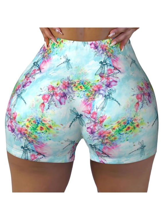 Dragonfly Floral print Workout Shorts for Women Seamless Soft Smooth Gym Yoga Scrunch Active Exercise Fitness Shorts