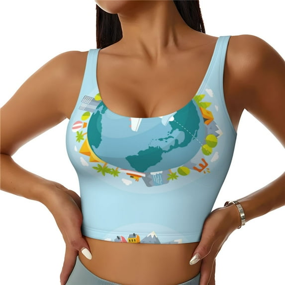 Vsdgher Dreaming Travel Print Women Sleeveless Athletic Tank Top Built-in Bra Camisole Sports Vest for Yoga Running Fitness Exercise with Removable Pads