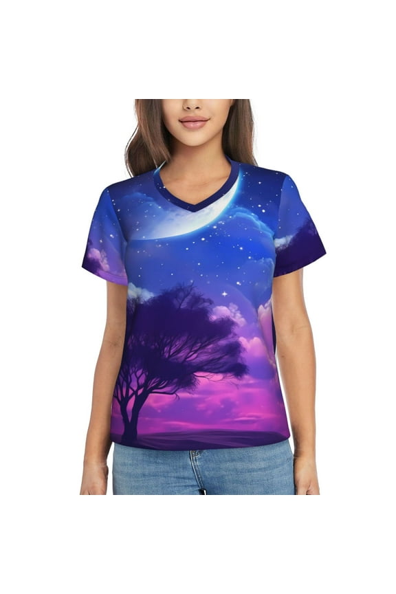 Dreamy Colorful Starry Sky Women Shirts V Neck Short Sleeve Tops T-Shirt Basic Tees, S to 3XLSmall
