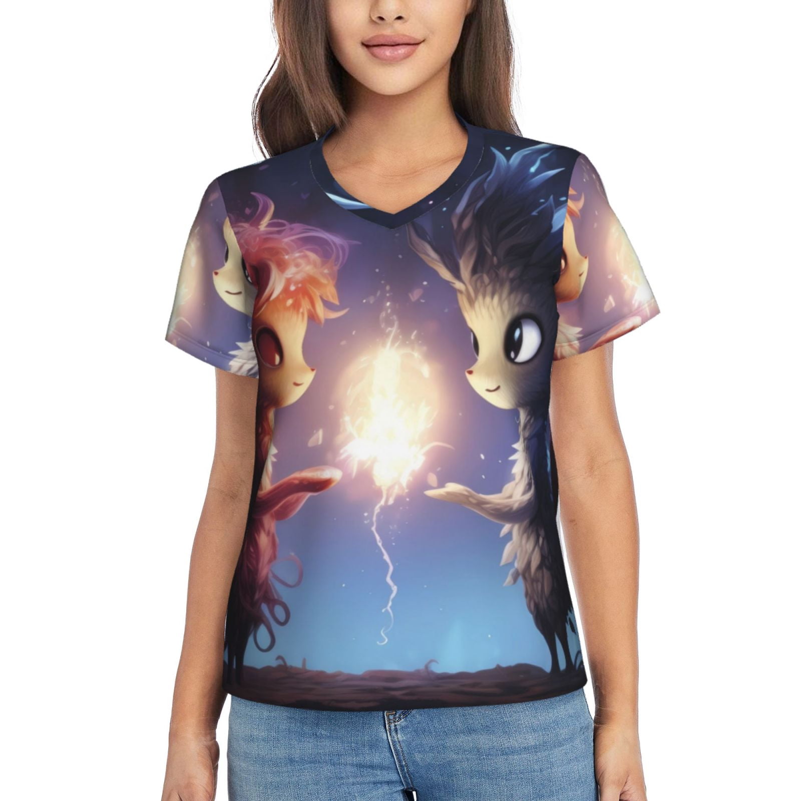 Vsdgher Dreamy Forest Elf Women Shirts V Neck Short Sleeve Tops T-Shirt Basic Tees, S to 3XLX-Large
