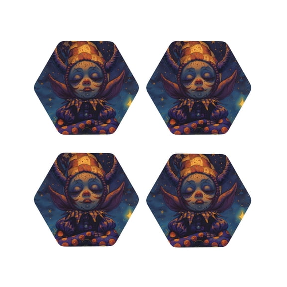 Vsdgher Dreamy Jester Under Stars Leather Coasters for Drinks, Durable Drink Coasters 4 Set for Tabletop Protection, Luxurious Home Décor and Housewarming Gift-Hexagon