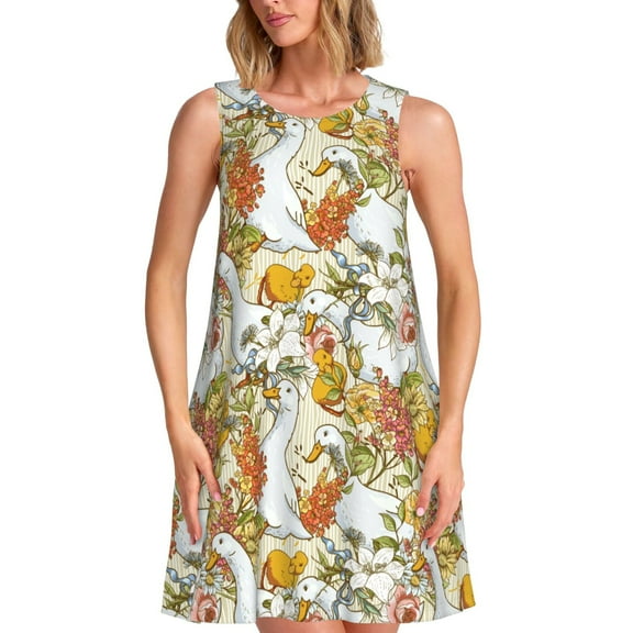 Vsdgher Ducks and Flowers Print Summer Dresses for Women Casual U Neck Beach Dress Sleeveless Tank Loose Sundress with Pocket -Large