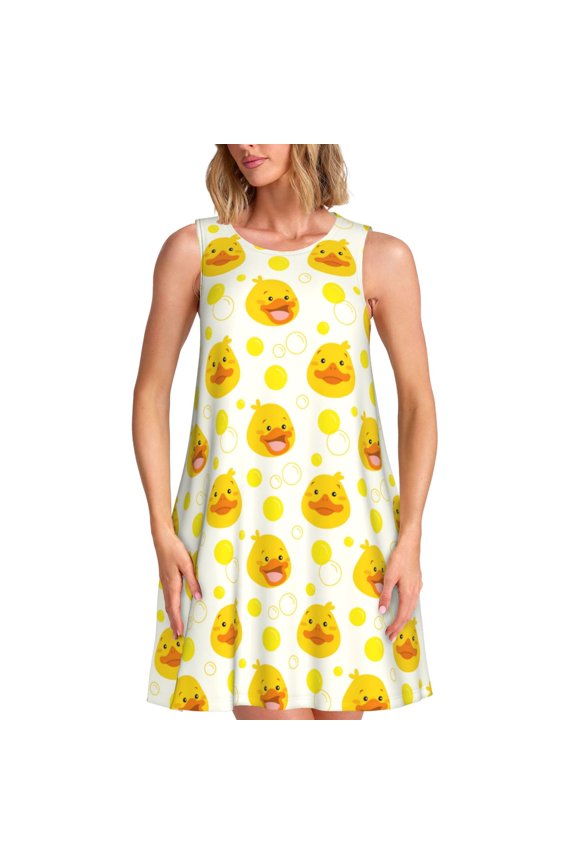 Ducky Cartoon Print Summer Dresses for Women Casual U Neck Beach Dress Sleeveless Tank Loose Sundress with Pocket -Medium