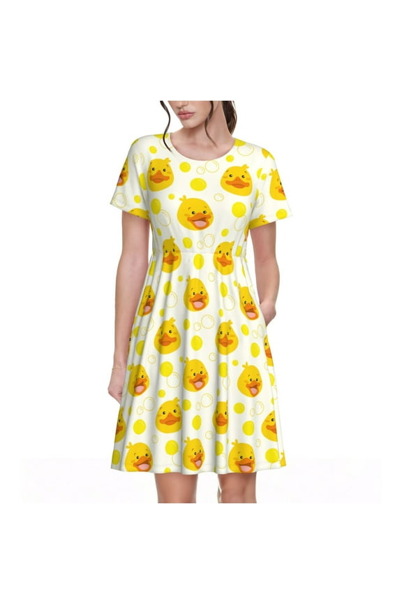 Ducky Cartoon for Womens Summer 2025 Casual Midi Maxi Dresses Lightweight Short Sleeve Round Neck Beach Dress -Medium