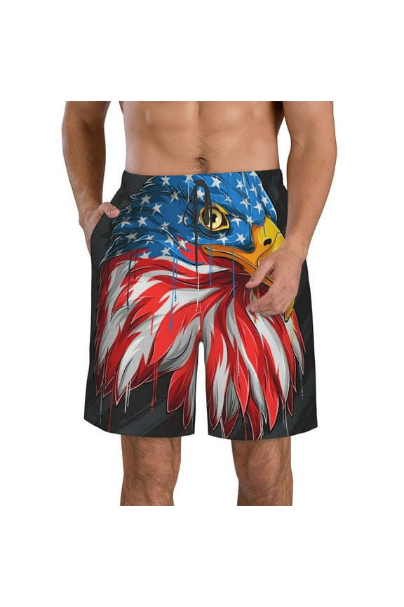 Eagle Head With American Flag Men's Beach Shorts, Surfing shorts, Swim trunks, Quick Dry Swim Trunks for Surfing Beach Fun -Medium