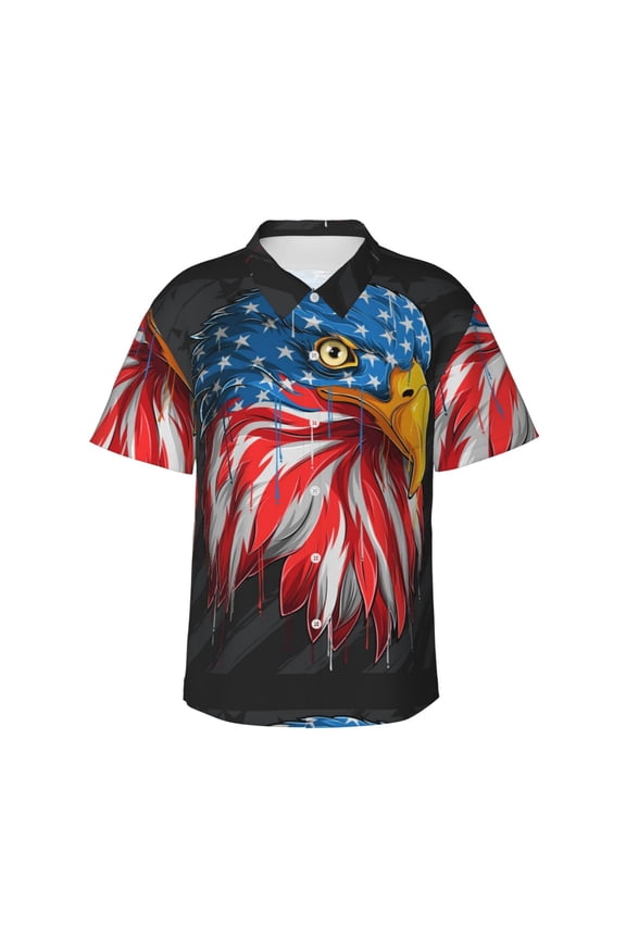 Eagle Head With American Flag Print Men's Hawaiian Shirts Button Down Tropical Holiday Beach Shirts Vacation Clothes,XX-Large