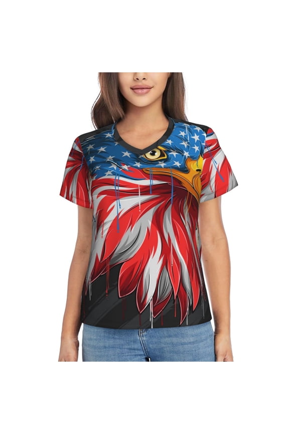 Eagle Head With American Flag Women Shirts V Neck Short Sleeve Tops T-Shirt Basic Tees, S to 3XLX-Large