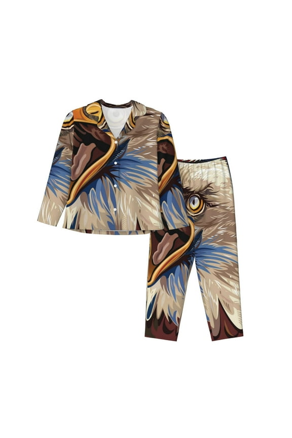 Eagle With USA Flags Pajamas Set Long Sleeve Sleepwear Womens Button Down Nightwear Pj Sets-Small