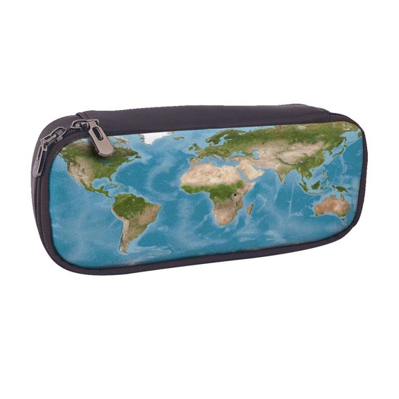 Vsdgher Earth View World Map Print Pen Case Leather Pencil Pouch Markers Holder Big Capacity Bag with Zippered Pocket for Stationery Tool