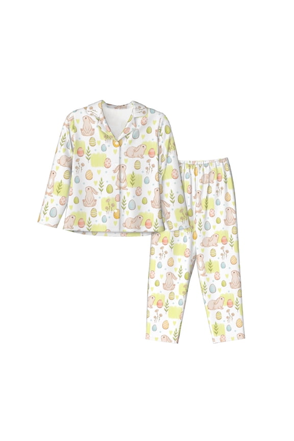 Easter Rabbit Pajamas Set Long Sleeve Sleepwear Womens Button Down Nightwear Pj Sets-Large