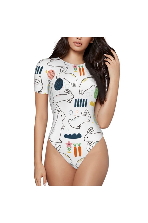 Easter Rabbit Prinr Short Sleeve Body suit for Womens, Sexy Onesie One Piece Round Neck Bodysuit Shapewear Tummy Control-