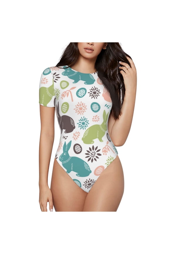 Easter Rabbit Prinr Short Sleeve Body suit for Womens, Sexy Onesie One Piece Round Neck Bodysuit Shapewear Tummy Control-X-Large