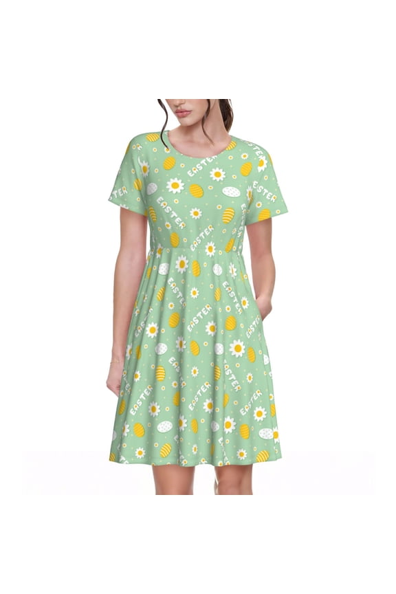 Easter with eggs and flowers for Womens Summer 2025 Casual Midi Maxi Dresses Lightweight Short Sleeve Round Neck Beach Dress -Medium