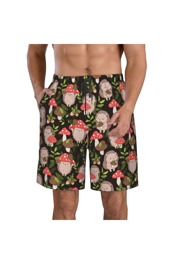 Edgehog and Mushrooms Men's Beach Shorts, Surfing shorts, Swim trunks, Quick Dry Swim Trunks for Surfing Beach Fun -Small