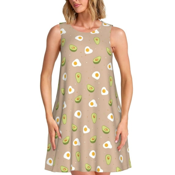 Vsdgher Egg and Avocado Print Summer Dresses for Women Casual U Neck Beach Dress Sleeveless Tank Loose Sundress with Pocket -Small