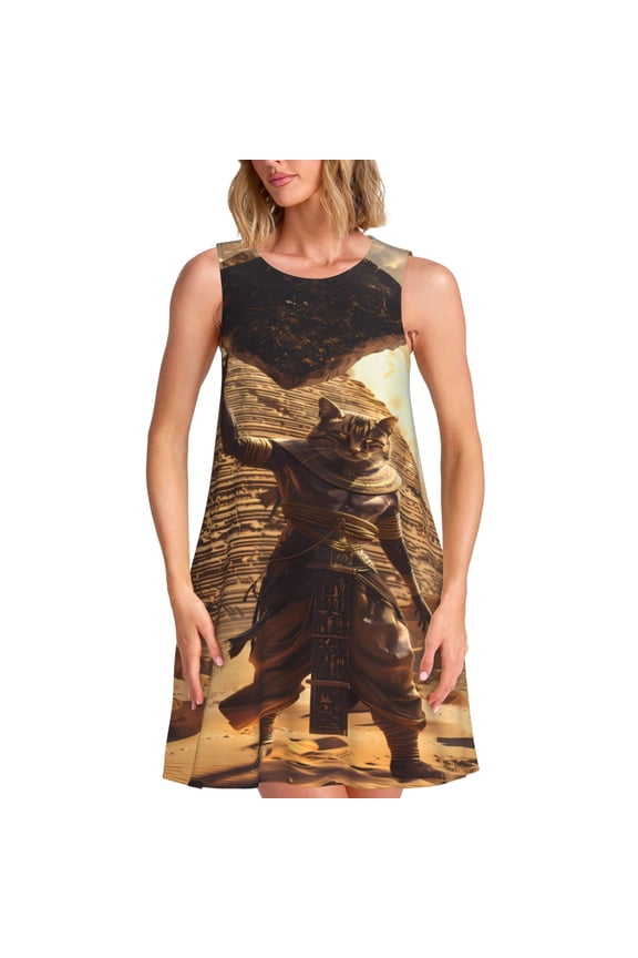 Egyptian Cat Pharaoh Magic Print Summer Dresses for Women Casual U Neck Beach Dress Sleeveless Tank Loose Sundress with Pocket -X-Large