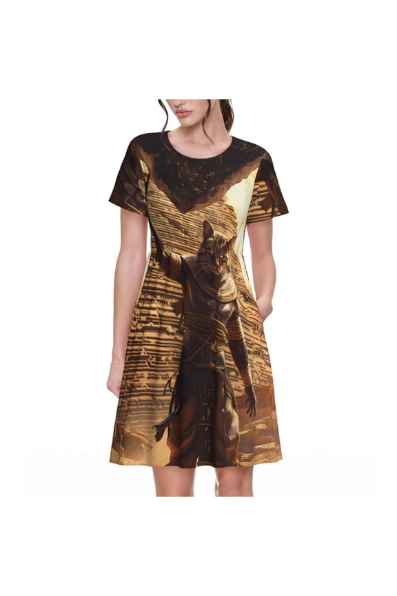 Egyptian Cat Pharaoh Magic for Womens Summer 2025 Casual Midi Maxi Dresses Lightweight Short Sleeve Round Neck Beach Dress -3X-Large
