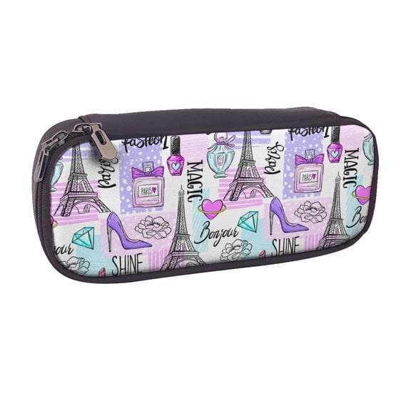 Vsdgher Eiffel Tower and Hearts Print Pen Case Leather Pencil Pouch Markers Holder Big Capacity Bag with Zippered Pocket for Stationery Tool