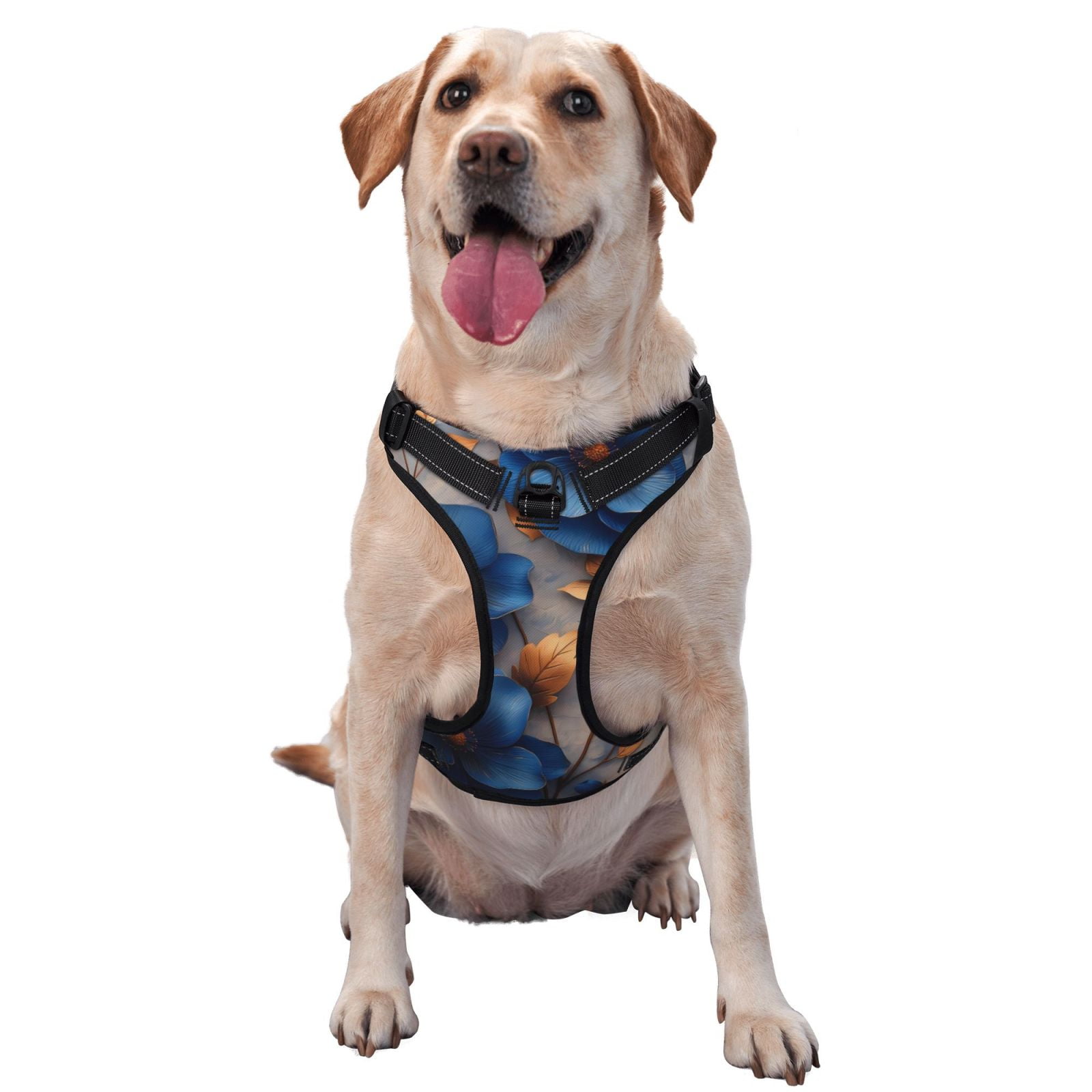Vsdgher Elegant Blue Gold Blooms Dog Harness, No-Pull Pet Harness, Dog Vest, Pet Vest for Small to Large Dogs-Medium