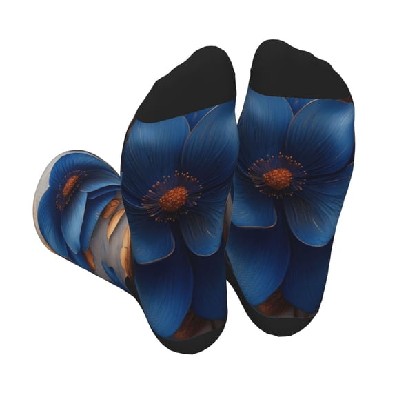Vsdgher Elegant Blue Gold Blooms Unisex Crew Socks Lightweight Breathable Ventilation Ankle Socks, Mid-calf socks for Daily