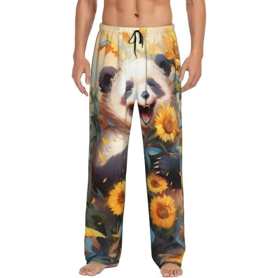 Vsdgher Elegant Cute Panda Sunflower Print Mens Pajama Pants Sleep & Lounge Pants, PJ Bottoms With elastic waistb and Pockets
