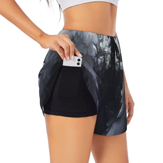 Vsdgher Elegant Feathered Floral Wings Athletic Shorts for Women, Women's Running Double Layer Shorts, High Waisted Yoga Shorts, Workout Athletic Shorts-Medium