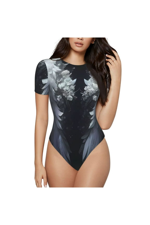 Elegant Feathered Floral Wings Prinr Short Sleeve Body suit for Womens, Sexy Onesie One Piece Round Neck Bodysuit Shapewear Tummy Control-X-Large
