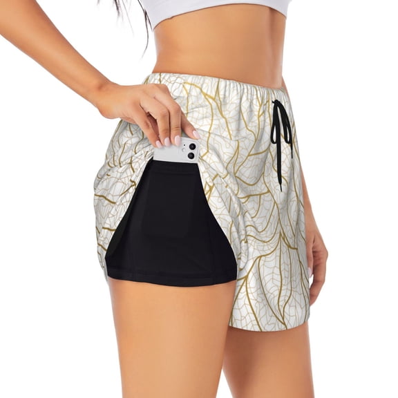 Vsdgher Elegant Gold Leaf Pattern Athletic Shorts for Women, Women's Running Double Layer Shorts, High Waisted Yoga Shorts, Workout Athletic Shorts-X-Large
