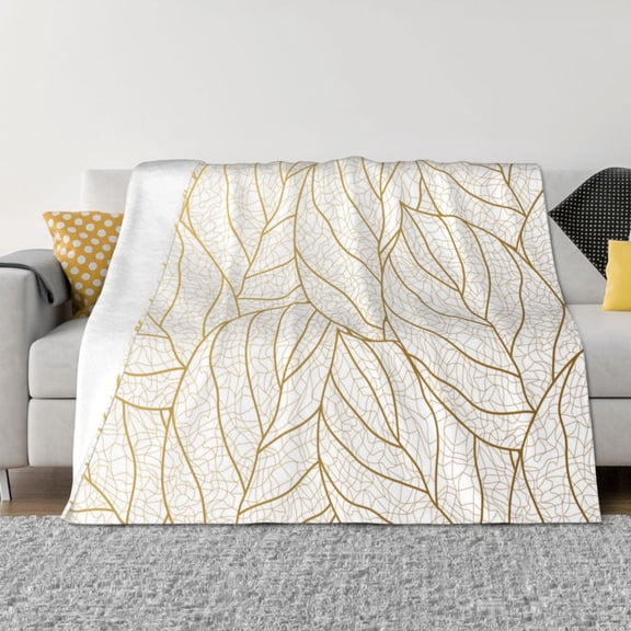 Vsdgher Elegant Gold Leaf Pattern Pattern Fleece Throw Blanket, Horizontal Fleece Bedding Home Decor for Couch & Bed All Season Use -80"x60"