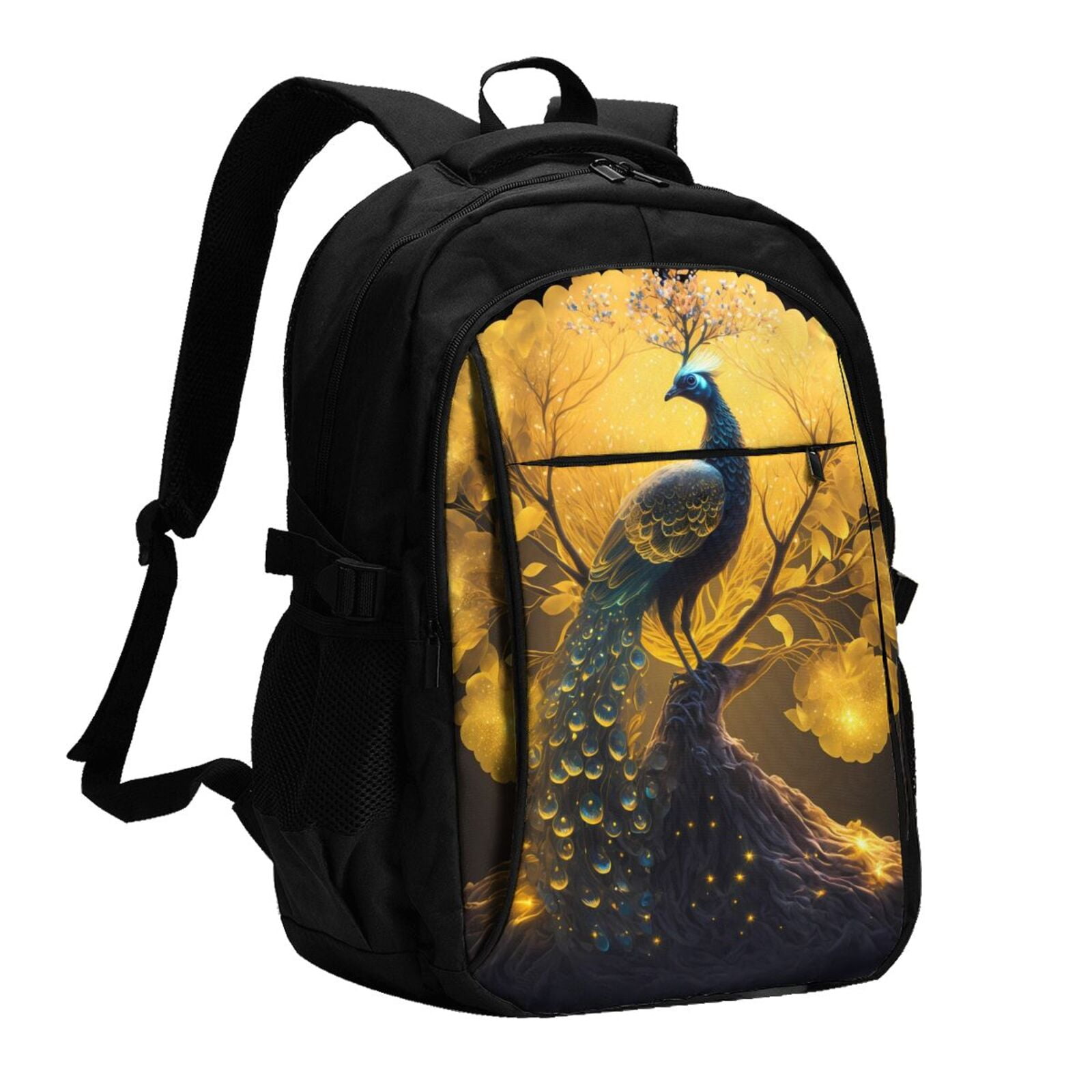 Vsdgher Elegant Gold Leaf Peacock Print Travel Laptop Backpack, Laptops Backpack with USB Charging Port, Water Resistant Computer Bag Gift for Men & Women