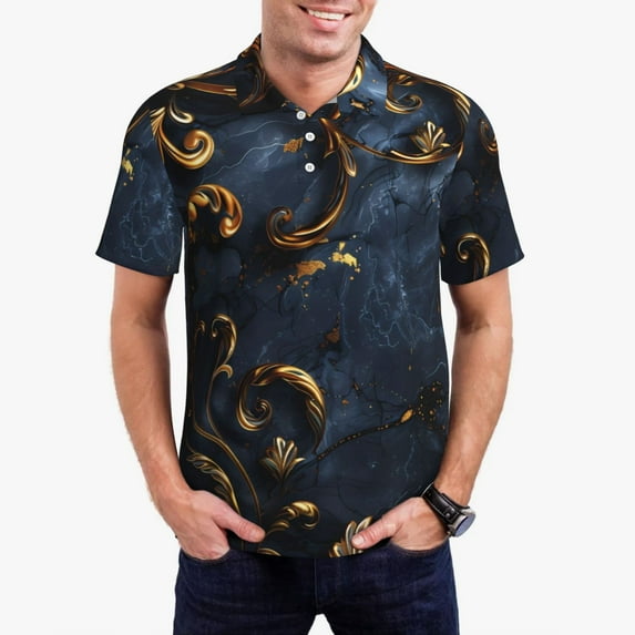 Vsdgher Elegant Gold Scrollwork Polo Shirts for Men, Men's Short Sleeve Stretch Polo Shirt, Shirts for Men-Medium