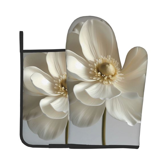 Vsdgher Elegant Ivory Flower Oven Mitts and Pot Holders 2 pcs Set,High Heat Resistant Kitchen Oven Glove for Baking and Cooking