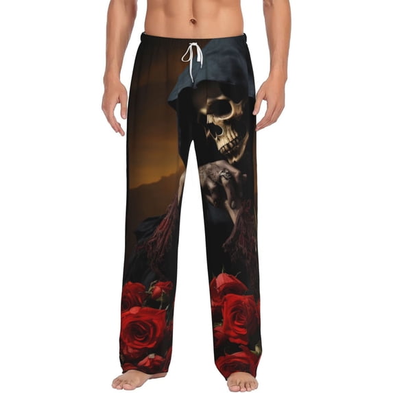 Vsdgher Elegant Rose Skull Print Mens Pajama Pants Sleep & Lounge Pants, PJ Bottoms With elastic waistb and Pockets