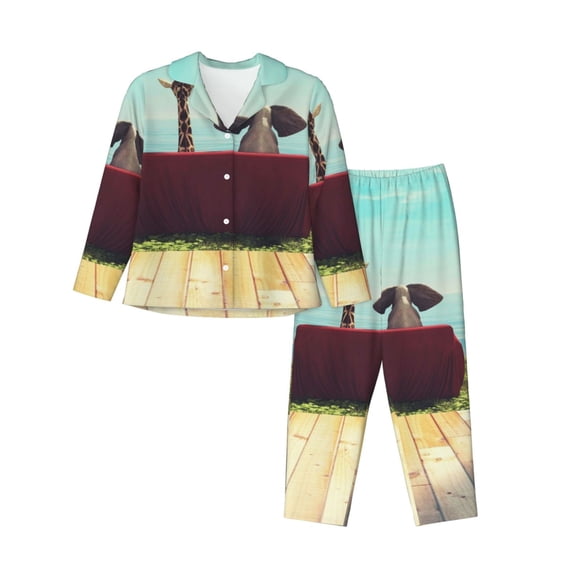 Vsdgher Elehpant And A Giraffe Looking At The Sea Pajamas Set Long Sleeve Sleepwear Womens Button Down Nightwear Pj Sets-Large