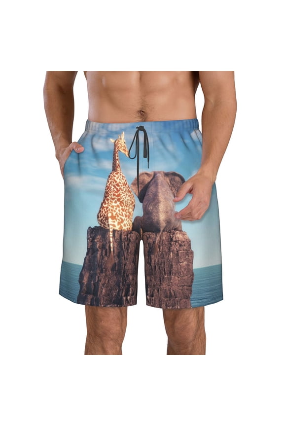 Elephant And A Giraffe Sitting On A Rock Admiring The Ocean Men's Beach Shorts, Surfing shorts, Swim trunks, Quick Dry Swim Trunks for Surfing Beach Fun -Medium