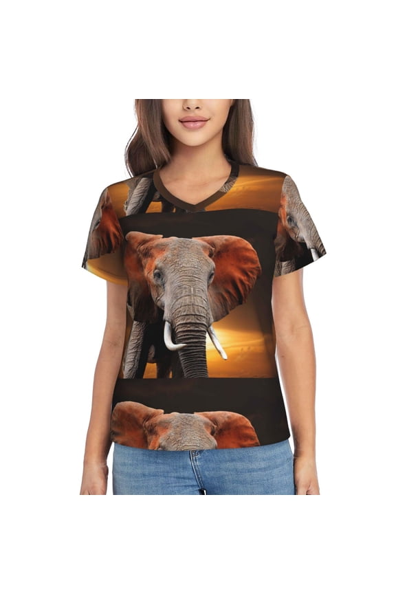 Elephant Sunset in Kenya Women Shirts V Neck Short Sleeve Tops T-Shirt Basic Tees, S to 3XL3X-Large