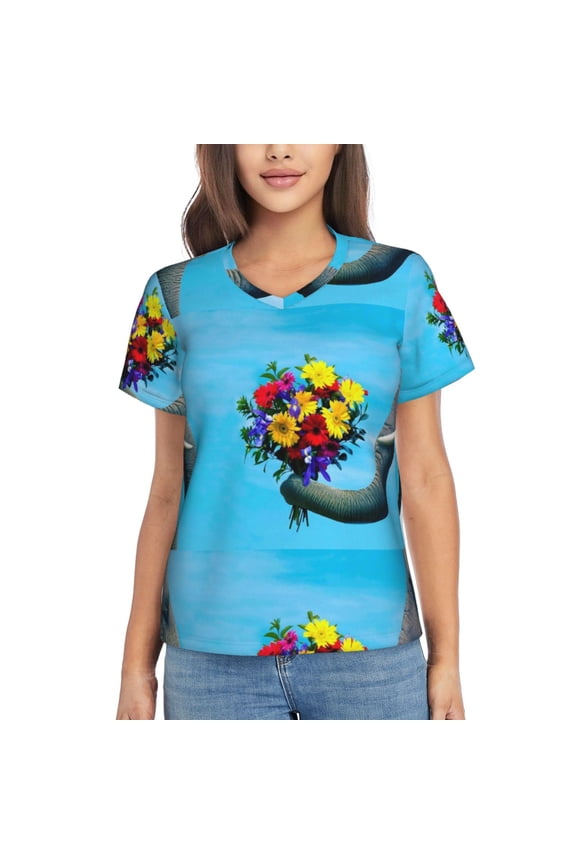 Elephant Trunk Couple Flowers Women Shirts V Neck Short Sleeve Tops T-Shirt Basic Tees, S to 3XLMedium